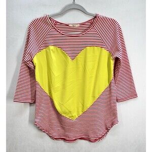 Le Lis Big Heart Stripe Top Womens Medium Pink Yellow 3/4 Sleeve Round Neck Tee